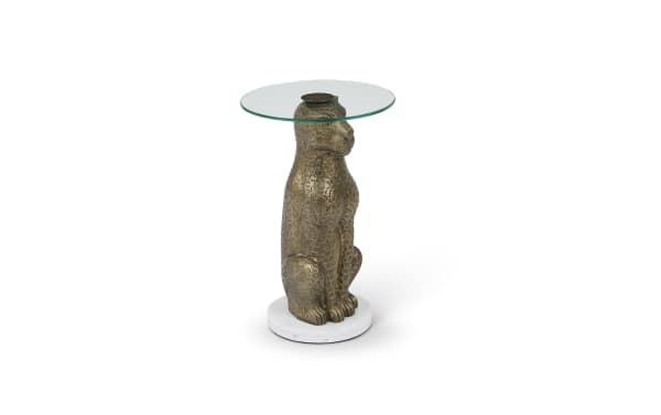 Zanzibar Antique Gold Round Accent Table with glass top, sculptural gold aluminum base, and white marble pedestal in transitional style.