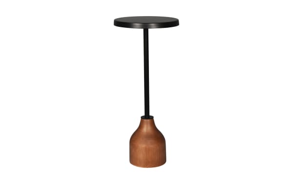 Morant Black & Brown Round Accent Table with solid mango wood pedestal base, black iron stem, and round black metal top in transitional style.