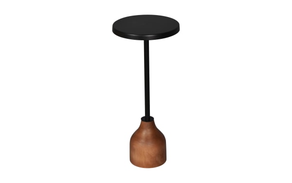 Morant Black & Brown Round Accent Table with solid mango wood pedestal base, black metal top, and iron support in transitional style.