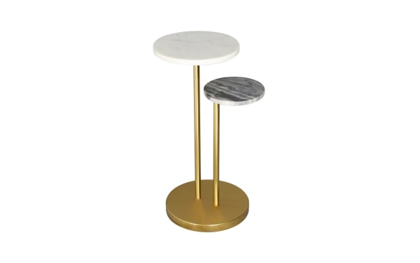 Versa White Marble & Gold Round Accent Table features dual round marble tops in white and gray with a gold metal pedestal base, blending transitional style with luxury and versatility for compact living spaces.