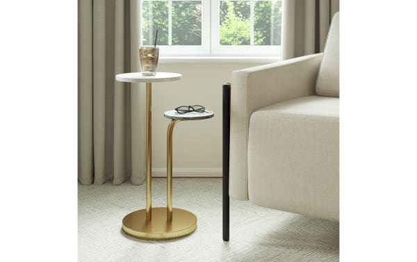 Versa White Marble & Gold Round Accent Table with dual marble tops, gold metal pedestal base, and sleek transitional style for living room decor.