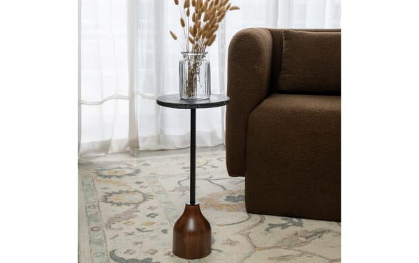 Morant Gray Marble & Brown Round Accent Table with solid mango wood base, black iron stem, and gray marble top, perfect for transitional living spaces.