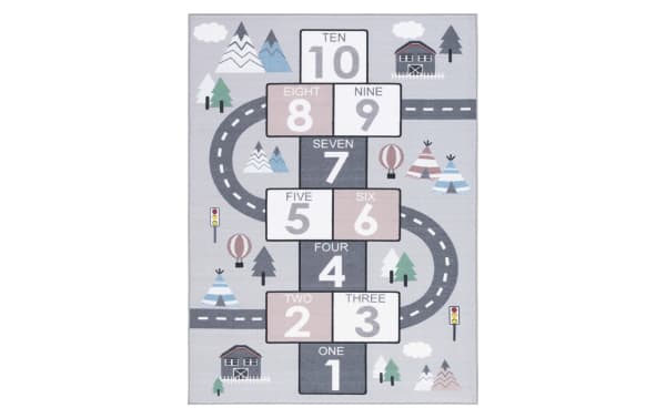 Hopscotch play mat with numbers 1 to 10 in blocks, featuring a winding road, mountains, trees, houses, and hot air balloons on a gray background.
