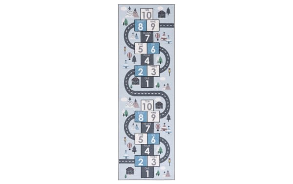 Happy Hopper 2' x 8' light blue runner rug with playful road and number block design in gray, white, and blue. Soft polyamide fabric, washable, slip-resistant backing, OEKO-TEX certified, transitional style kids’ area rug for safe, cozy play and learning spaces.