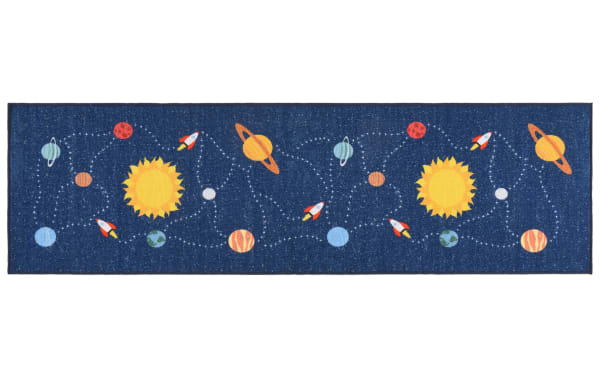 Orbit Adventure 2' x 6' blue runner rug with playful space design, navy background, yellow suns, red rockets, and synthetic polyamide fabric.