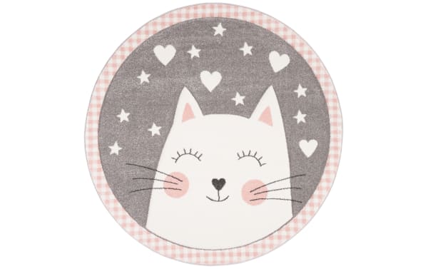 Kitten Cuddles 4' round pink rug with playful cat face, hearts, and stars in pink, gray, and white. Made of soft, durable polypropylene.
