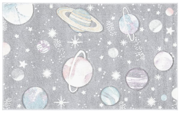 Cosmic Galaxy 3' x 5' gray transitional rug with playful planets and stars pattern, made of durable polypropylene and polyester blend, cozy and easy to clean.