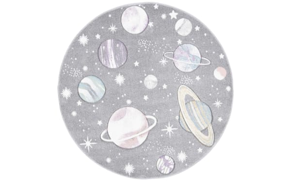 Cosmic Galaxy 3' round gray rug with playful planets and stars pattern in lavender and gray, made of durable polypropylene and polyester.