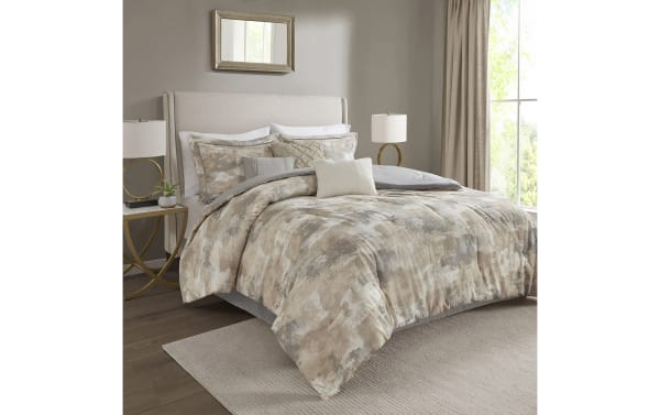 Solene King Gray Abstract 7 Piece Comforter Set in gray, taupe, and cream with cotton-rich fabric, abstract pattern, and embroidered decorative pillows for a cozy transitional bedroom style.