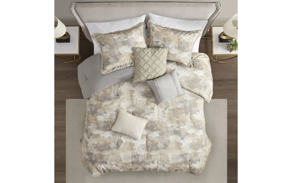 Solene King Gray Abstract 7 Piece Comforter Set with cotton-rich gray, taupe, and cream abstract design, solid gray reverse, and decorative embroidered pillows in transitional style