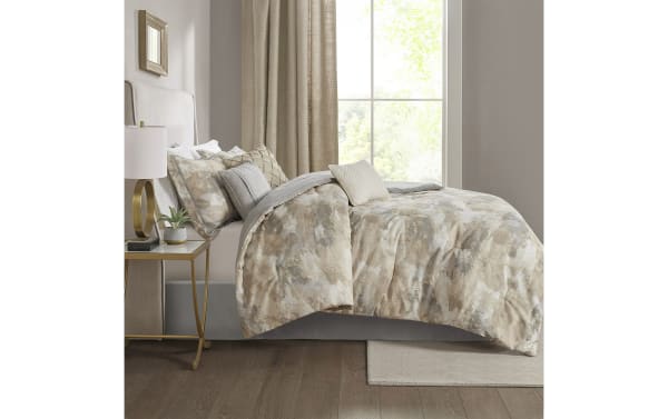 Solene King Gray Abstract 7 Piece Comforter Set with gray, taupe, cream cotton-polyester fabric in a transitional style, featuring an abstract pattern and decorative embroidered pillows.