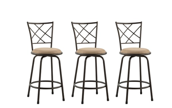 Set of 3 Delta Bronze cross back swivel stools in taupe microfiber fabric with metal frame, adjustable height, padded seat, and transitional style.