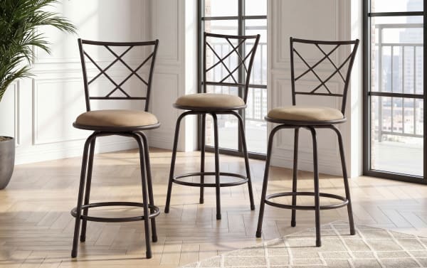 Delta Bronze Cross Back Upholstered Adjustable Height Swivel Stool set of 3 in taupe microfiber fabric, metal frame, transitional style with padded seats and 360° swivel.