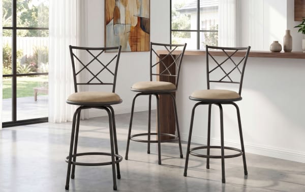 Set of 3 Delta Bronze taupe cross back swivel stools with adjustable height, metal frame, microfiber fabric seats, and transitional style for kitchen islands.