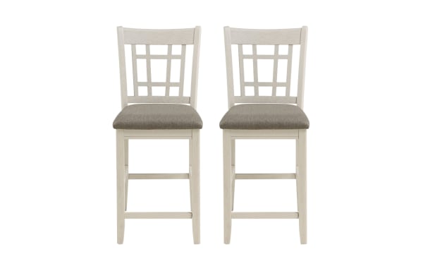 Brookside White & Brown Upholstered Counter Stool set with farmhouse style, brown polyester fabric seats, oak veneer finish, and slatted wood backs.
