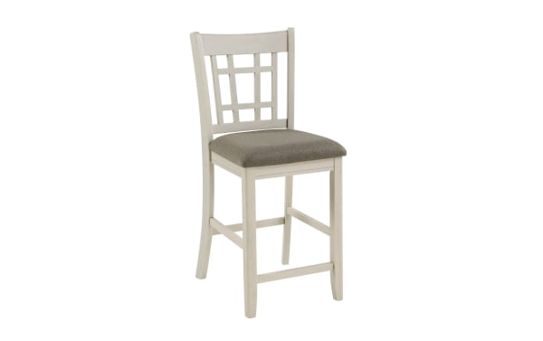 Brookside White & Brown Upholstered Counter Stool with farmhouse style, solid wood frame, slatted back, oak veneer finish, and padded brown polyester seat.
