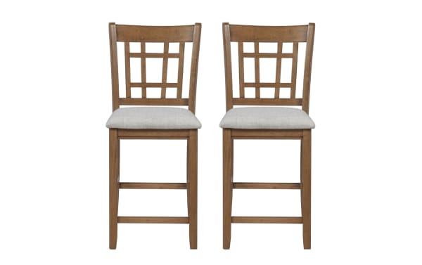 Set of 2 Brookside farmhouse counter stools with light gray polyester fabric seats, oak veneer finish, and slatted mission-style wood backs.