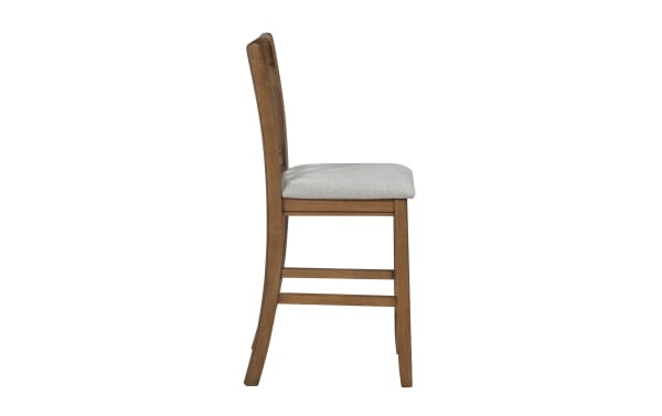 Brookside Brown & Light Gray Upholstered Counter Stool with solid wood frame, oak veneer finish, slatted back, and padded light gray polyester seat in farmhouse style.