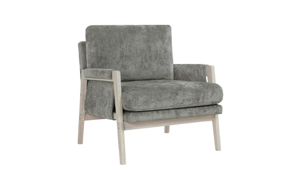 Modern gray fabric armchair with light wood frame, cushioned seat and backrest, designed for living room comfort and style.
