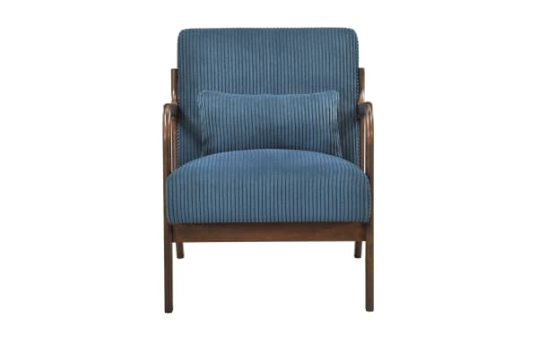 Blue corduroy upholstered armchair with wooden frame and matching lumbar pillow, mid-century modern style lounge chair