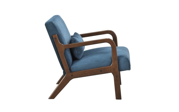 Mid-century modern lounge chair with blue ribbed fabric upholstery, wooden frame, and matching lumbar pillow for living room seating.