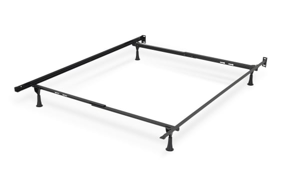 Black metal twin/full bed frame with adjustable rails and sturdy legs, designed to support twin or full mattresses and foundations.