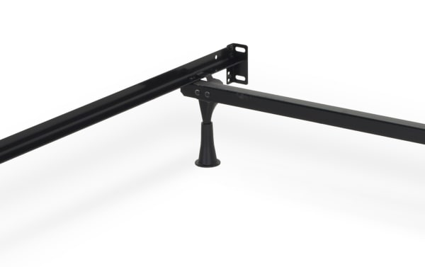 Black metal Twin/Full bed frame with sturdy center support leg and corner brackets, designed for twin or full mattresses and foundations.