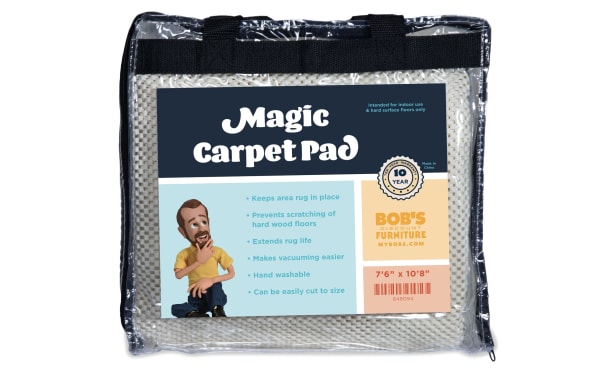Bob's 8' x 10' White Magic Carpet Pad made of polyester fabric, non-slip rug pad with cushioning, prevents slipping, scratching, and shifting, hand washable, cut-to-size.
