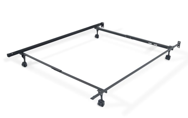 Metal twin/full bed frame with black finish and casters, adjustable for twin or full mattresses and foundations, sturdy support structure.