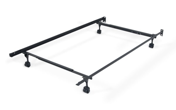 Metal twin/full bed frame in black with four caster wheels for easy mobility, designed to support twin or full mattresses and foundations.