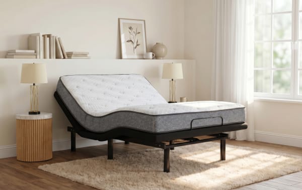 Adjustable electric bed frame with gray and white mattress in a bright bedroom, featuring wooden flooring, beige lamps, and a soft cream rug.