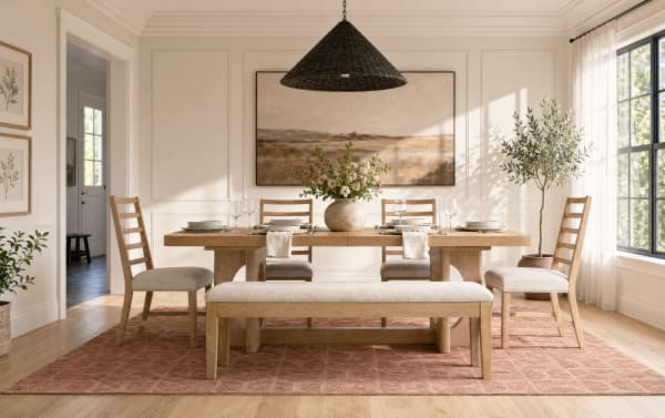 Dining room with a wooden table set for six, beige cushioned chairs and bench, a large landscape painting, woven pendant light, and natural light from a window.