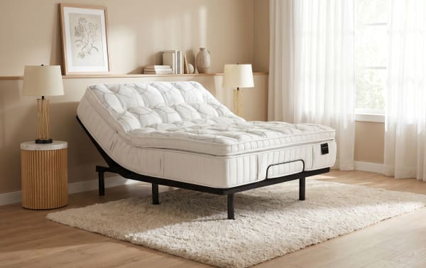 Adjustable white mattress on black metal frame in a bright, modern bedroom with beige walls, wooden floor, and soft rug.