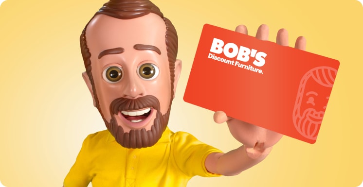 Character holding a Bob's Furniture credit card