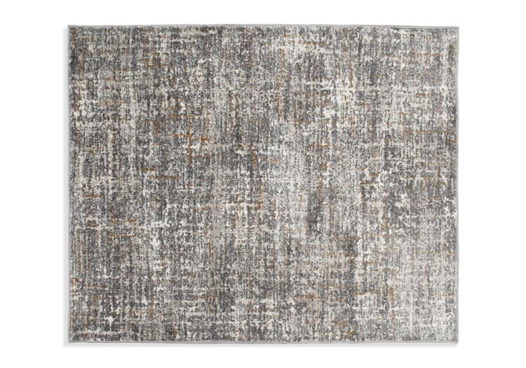 Gray and beige abstract patterned area rug with a textured, distressed look, suitable for modern living room or office decor.
