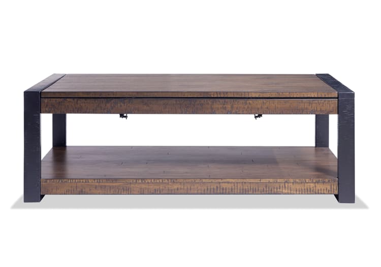 Rectangular wooden coffee table with a natural brown finish, black metal frame legs, and a lower shelf for storage, modern industrial style.