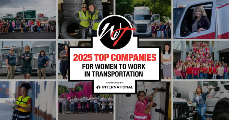 2025 Top Companies for Women to Work in Transportation sponsored by International, featuring diverse women in trucking and logistics roles.