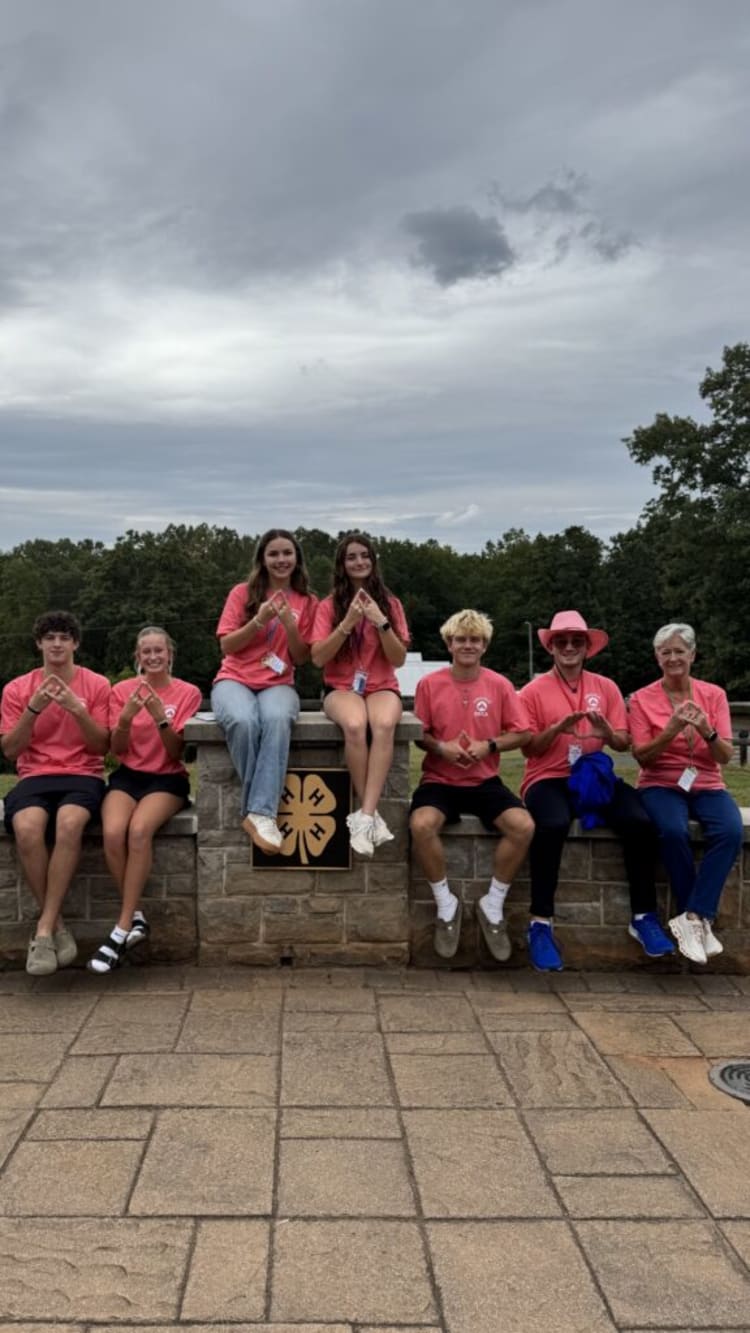Seven people wearing matching red 4-H shirts sit on a stone ledge outdoors, forming hand signs with fingers, under a cloudy sky with trees in the background.