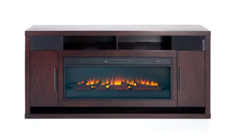 Dark wood electric fireplace TV stand with built-in heater, two cabinets, open shelves, and modern metal handles for living room decor.