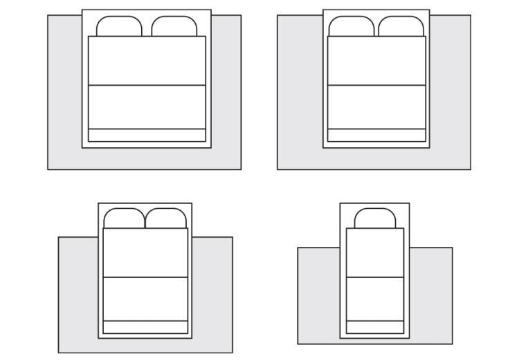 Top-down layout showing four bed sizes with gray floor space around each: king bed with two pillows, queen bed with two pillows, full bed with two pillows, and twin bed with one pillow.