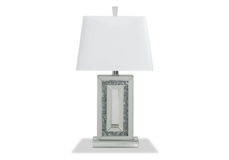 Modern table lamp with a mirrored rectangular base featuring crushed glass accents and a white fabric trapezoid lampshade.