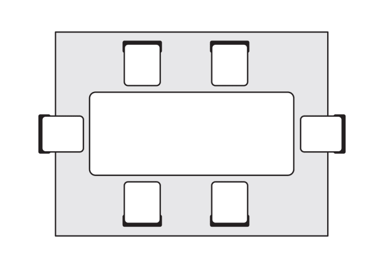 Rectangular dining table with six chairs arranged around it, shown in a top-down layout for room planning or furniture arrangement.