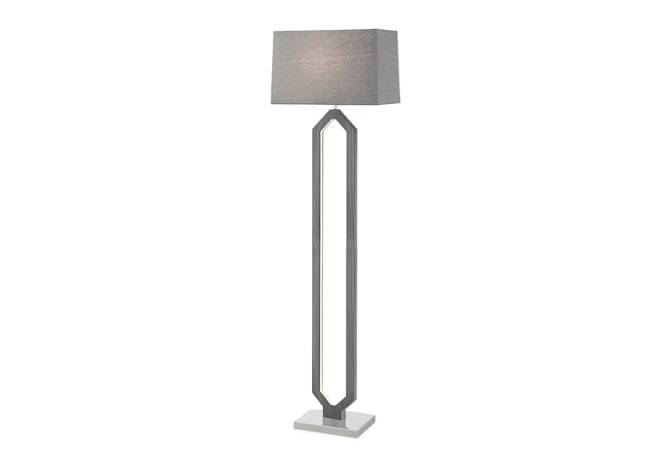 Modern floor lamp with a rectangular gray fabric shade, geometric open metal frame in brushed steel finish, and a square base.