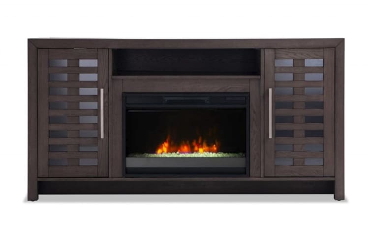 Dark brown wooden electric fireplace console with lattice-style cabinet doors, metal handles, and a realistic flame effect insert, ideal for modern living rooms.