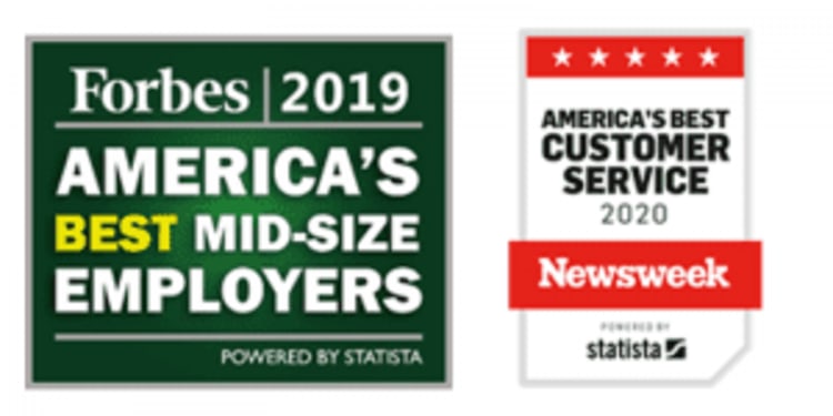 Forbes 2019 America's Best Mid-Size Employers badge powered by Statista, and Newsweek America's Best Customer Service 2020 award powered by Statista, showcasing company recognition for workplace excellence and customer service quality.