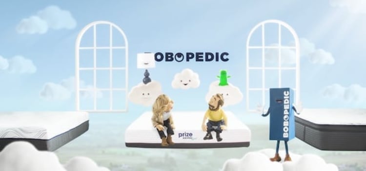 Two people sitting on a white mattress with "prize" label, surrounded by animated clouds and a walking blue mattress character with "BOBOPEDIC" text above.
