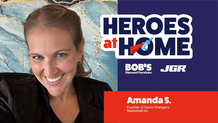 Amanda S., founder of Game Changers Basketball Inc., featured in a Heroes at Home banner sponsored by Bob's Discount Furniture and JGR.