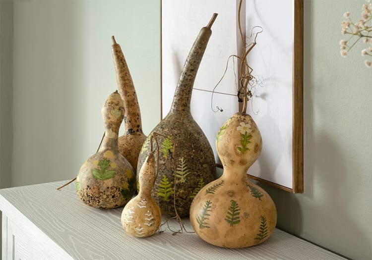 Decorative dried gourds with natural beige and brown tones, featuring hand-painted green leaves and white flowers, displayed on a light wood surface.