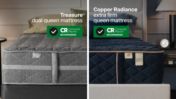 Treasure dual queen mattress in gray with cushion firm label and Consumer Reports recommended badge; Copper Radiance extra firm queen mattress in dark blue with extra firm label and Consumer Reports recommended badge.