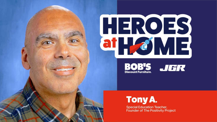 Tony A., Special Education Teacher and Founder of The Positivity Project, featured in a Heroes at Home banner with logos for Bob's Discount Furniture and JGR.